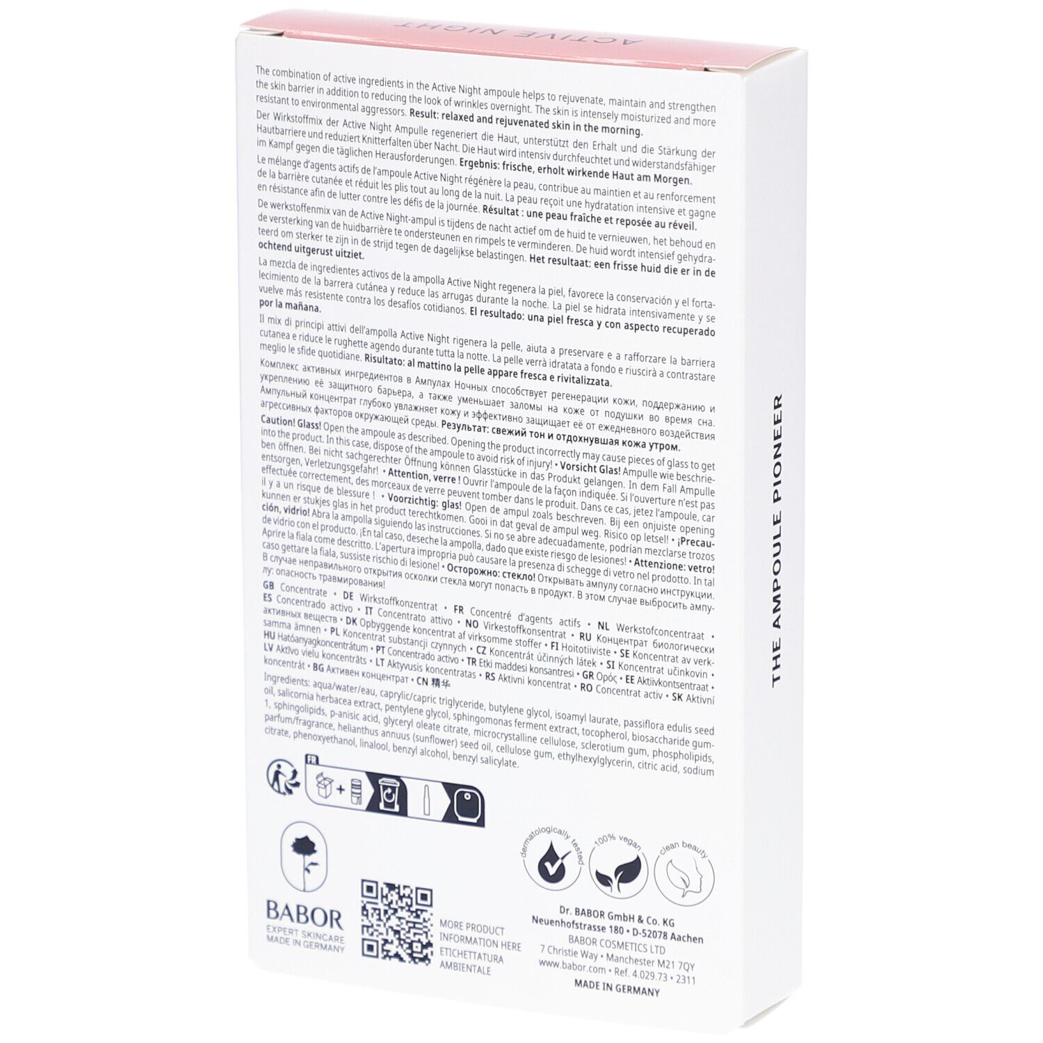 Dos de l'emballage blanc. Texte en plusieurs langues. Logo Babor. Symboles des ingrédients et de la qualité. Code QR.