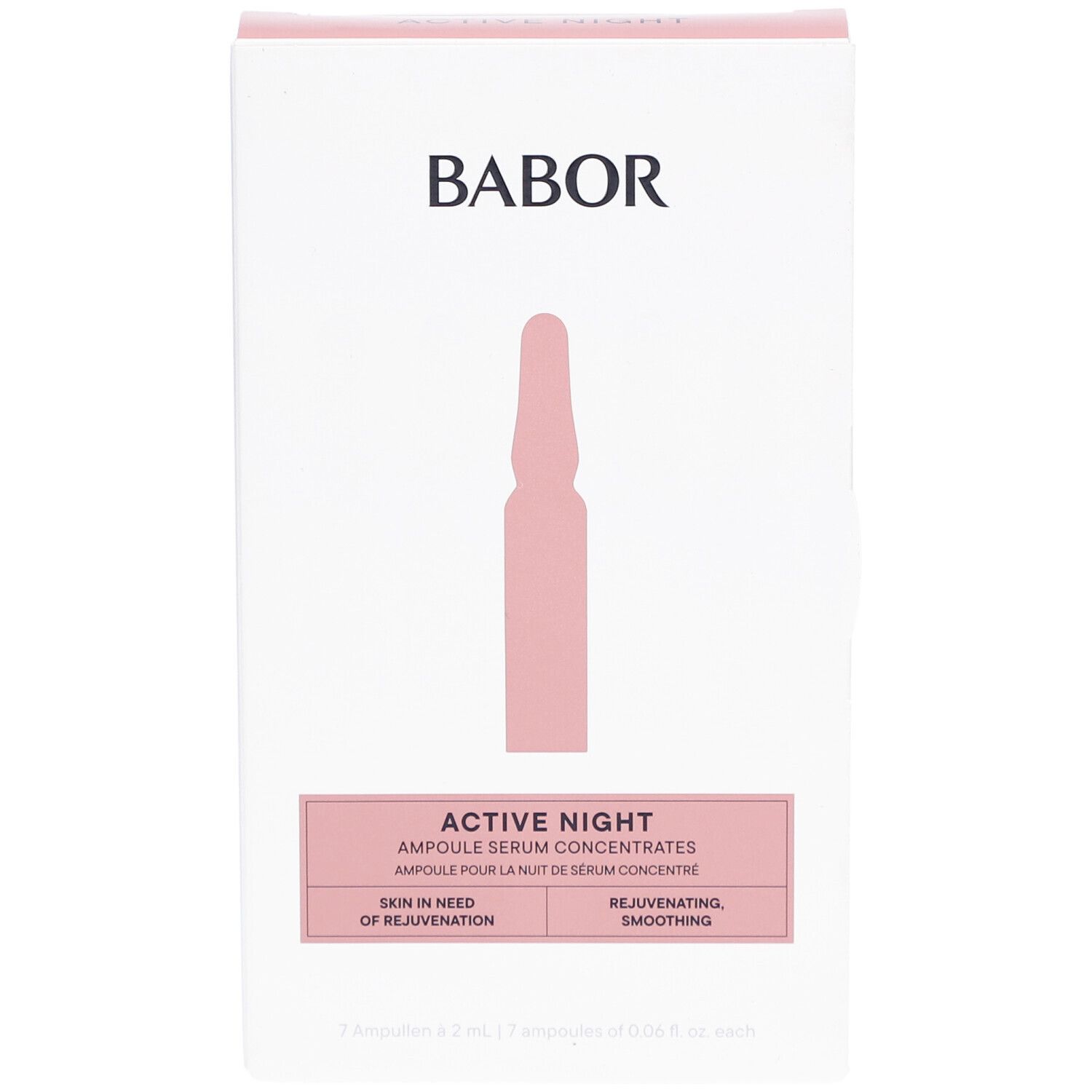Emballage blanc avec accents roses. Logo Babor en haut. Ampoule rose représentée. Texte : Active Night, Ampoule Serum Concentrates.