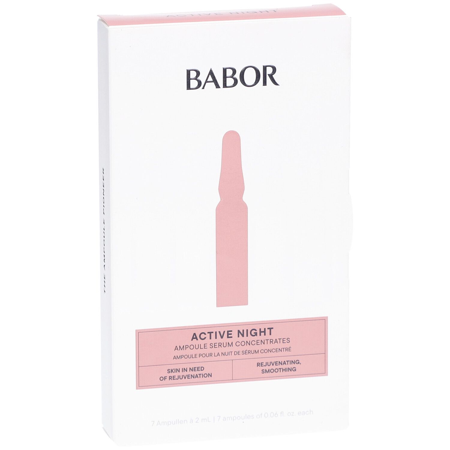 Emballage blanc avec accents roses. Logo Babor en haut. Ampoule rose représentée. Texte : Active Night, Ampoule Serum Concentrates.