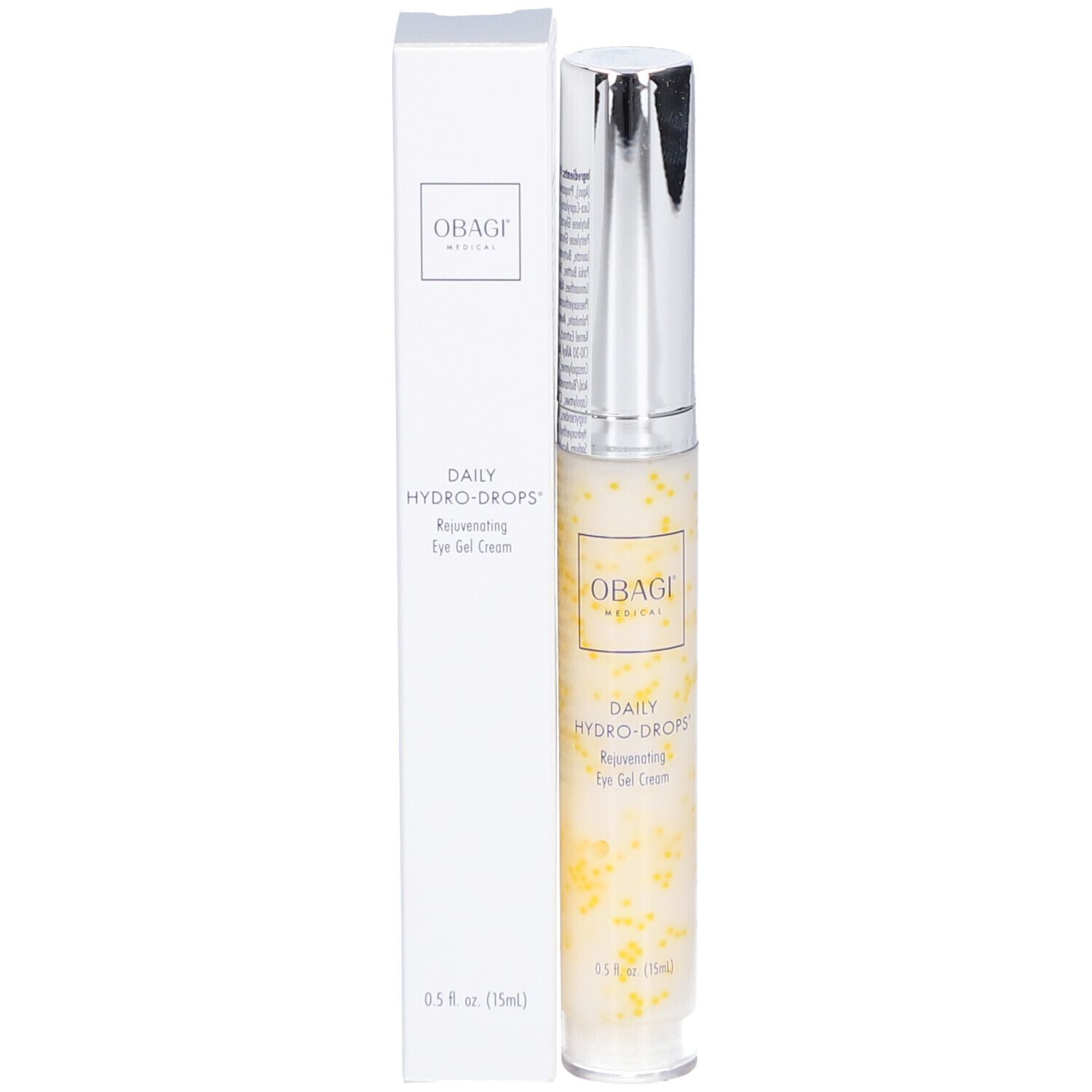 Tube avec emballage. Tube à bouchon argenté. Emballage blanc avec inscription : Obagi Medical. Produit de côté.