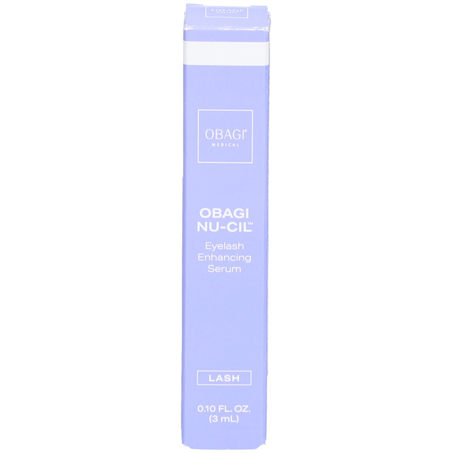 Emballage du produit. Boîte lilas avec inscription : OBAGI NU-CIL Eyelash Enhancing Serum. 0,10 FL OZ (3 ml).