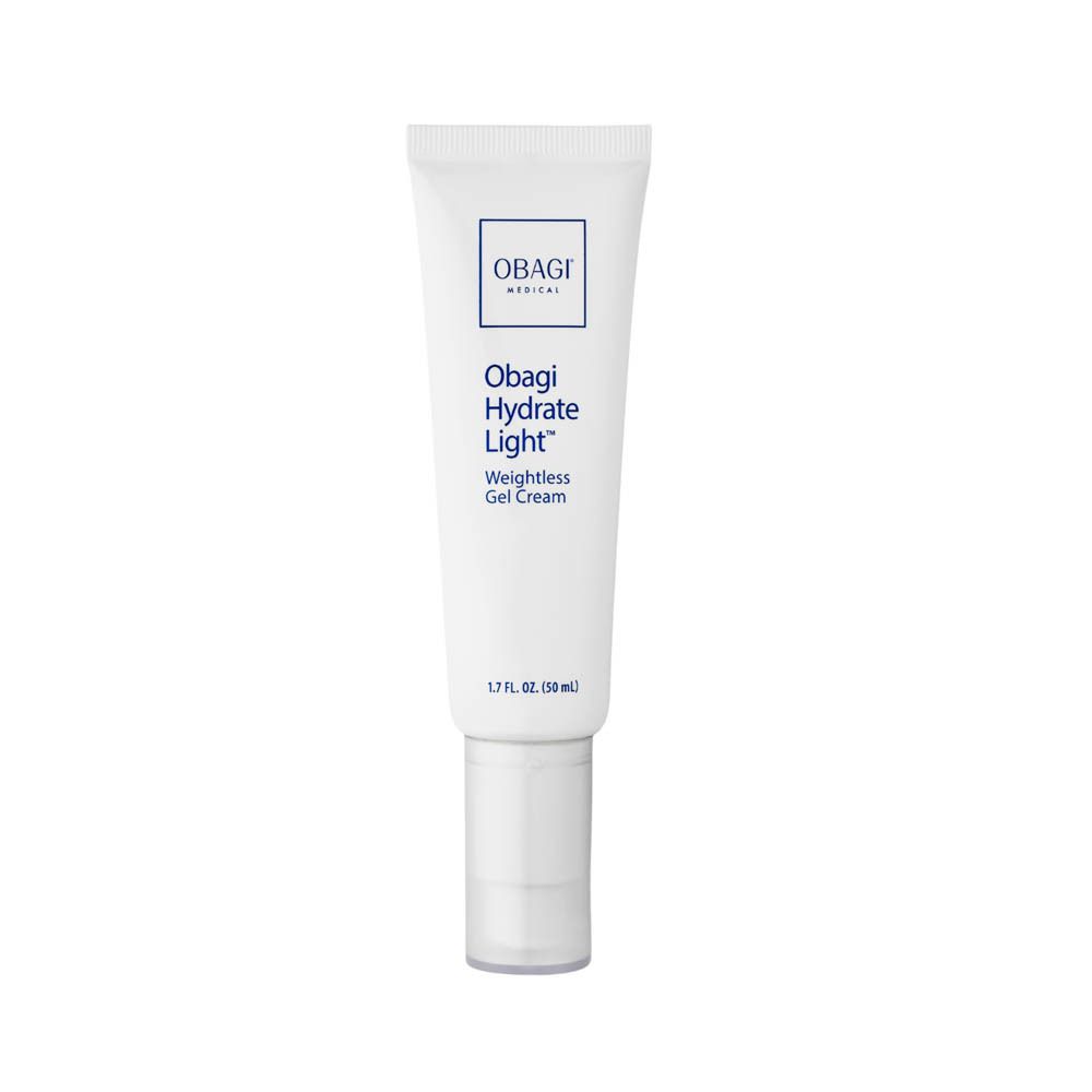 Tube blanc avec texte bleu. OBAGI, Obagi Hydrate Light, Weightless Gel Cream. 1.7 fl. oz. / 50 ml.