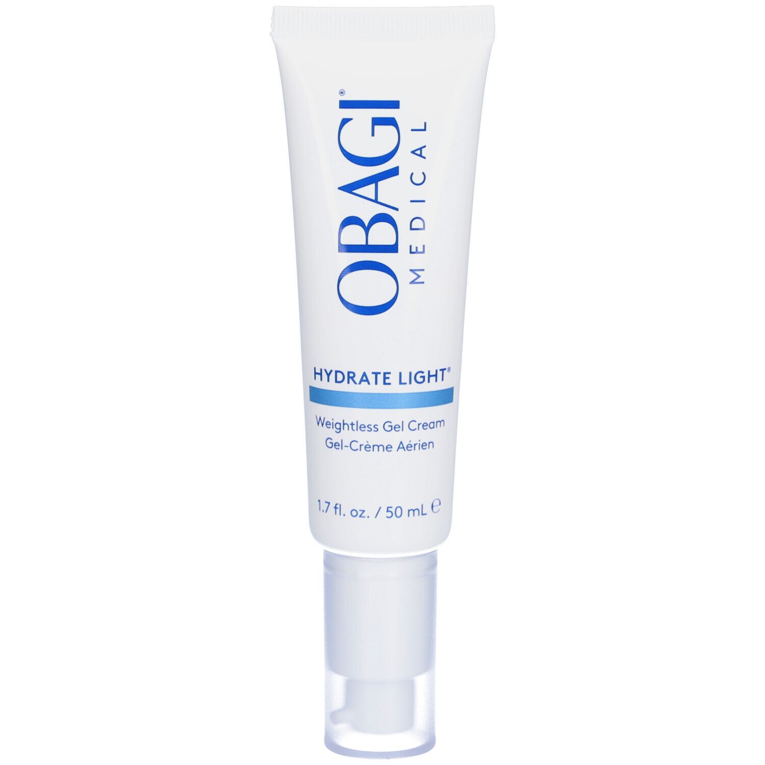 Tube blanche avec texte bleu. OBAGI MEDICAL, HYDRATE LIGHT, Weightless Gel Cream. 1.7 fl. oz. / 50 ml.