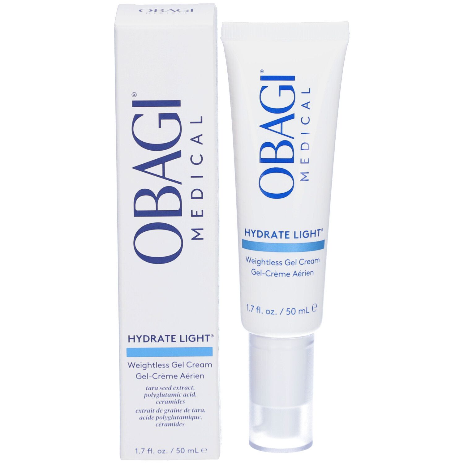 Boîte et tube blancs. OBAGI MEDICAL, HYDRATE LIGHT, Weightless Gel Cream. 1.7 fl. oz. / 50 ml. Emballage.