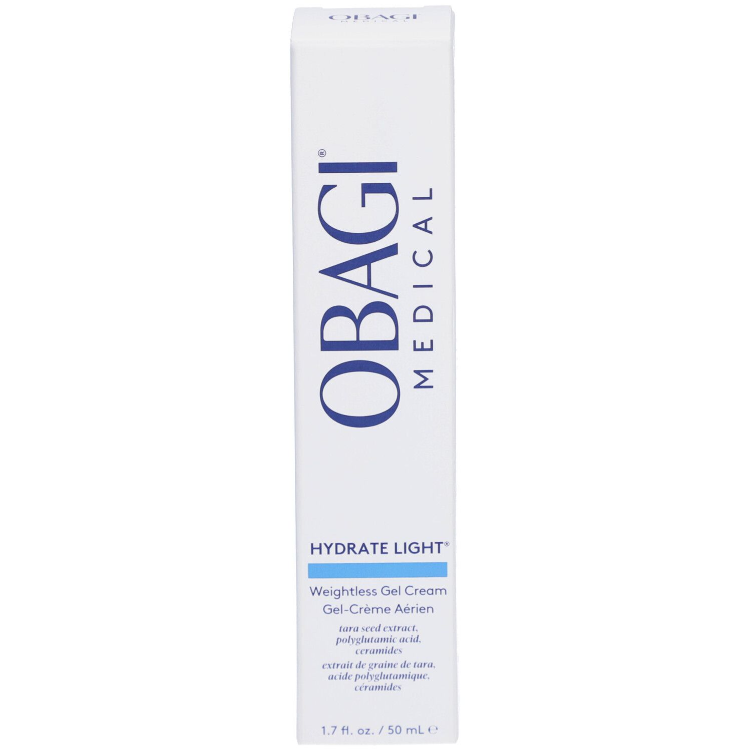 Boîte blanche. OBAGI MEDICAL, HYDRATE LIGHT, Weightless Gel Cream. 1.7 fl. oz. / 50 ml. Emballage.