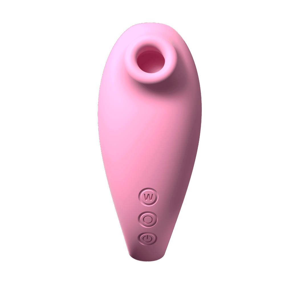 Stimulateur rose avec trois boutons. Forme ovale avec ouverture. Fond blanc.