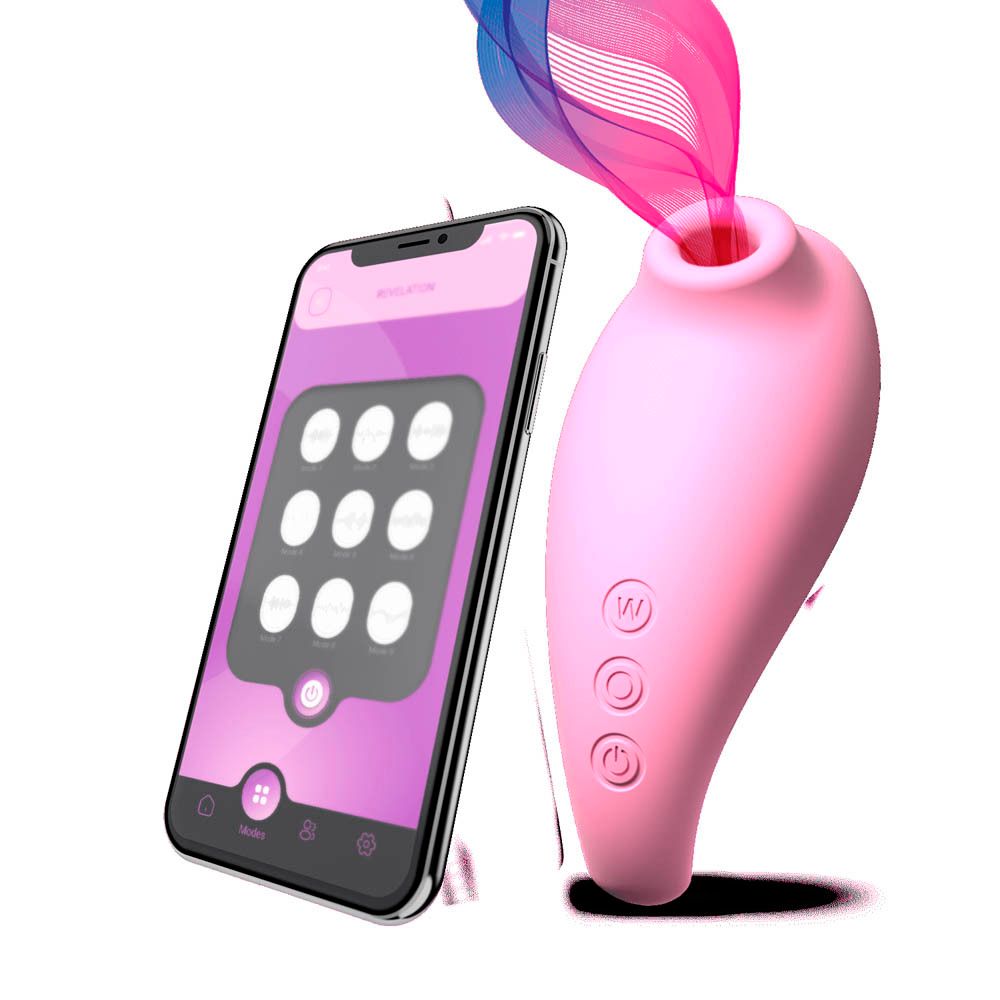 Stimulateur rose et smartphone. Interface d'application à l'écran. Lignes colorées. Fond blanc.