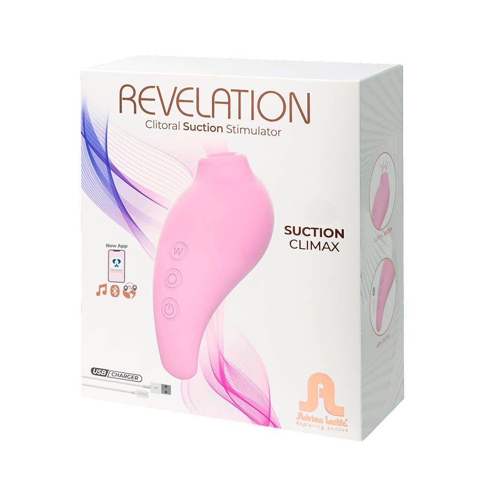Emballage blanc avec image du produit. Stimulateur rose. Texte: REVELATION, Clitoral Suction Stimulator. Câble USB.
