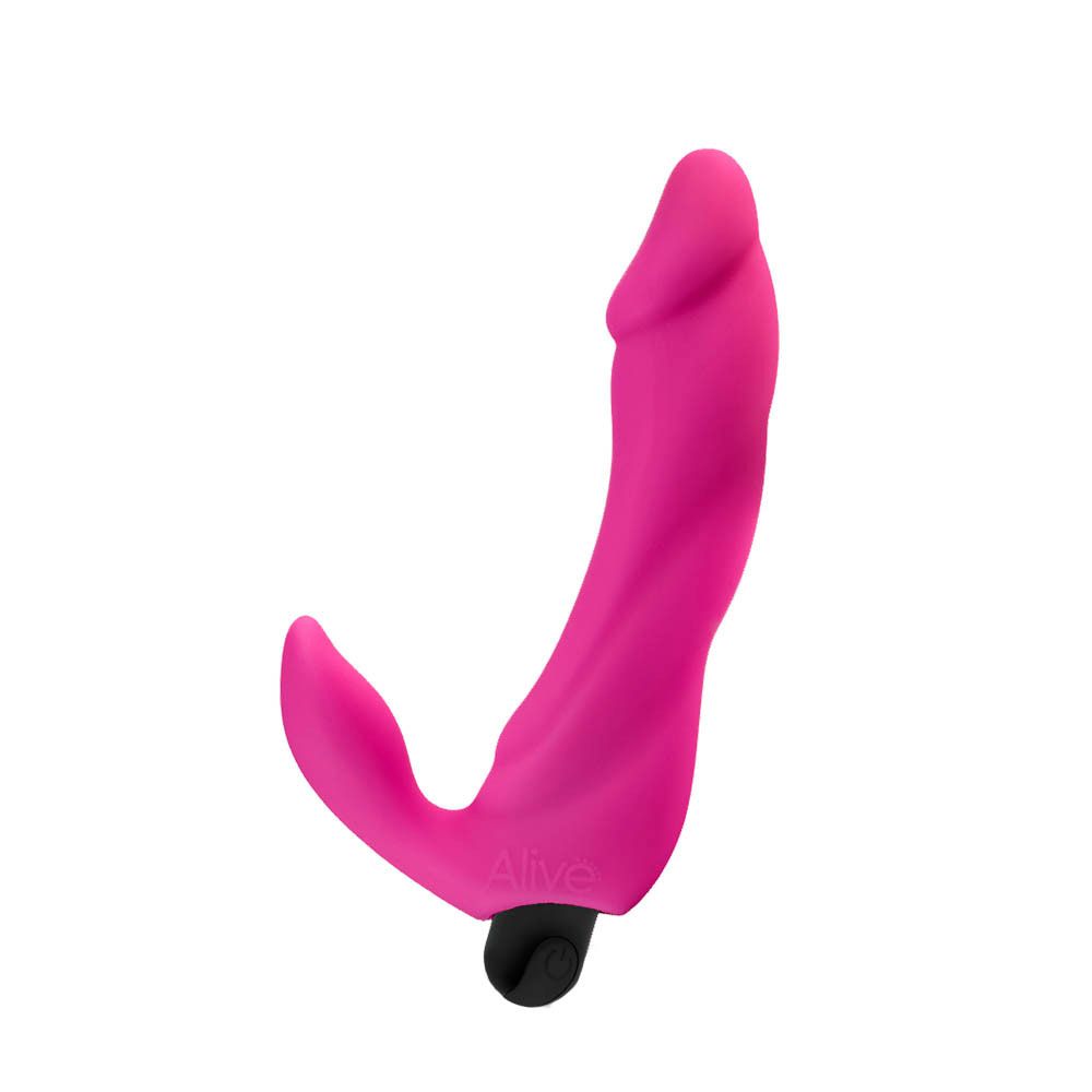 Alive Vibromasseur Rechargeable Bifun Pro. Forme rose incurvée avec extrémité noire. Logo 'Alive'.