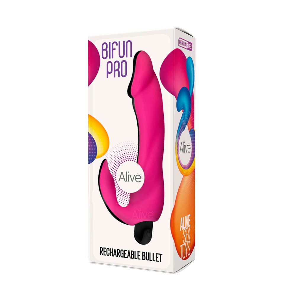Alive Vibromasseur Rechargeable Bifun Pro dans son emballage. Produit rose, boîte blanche avec logo et texte.