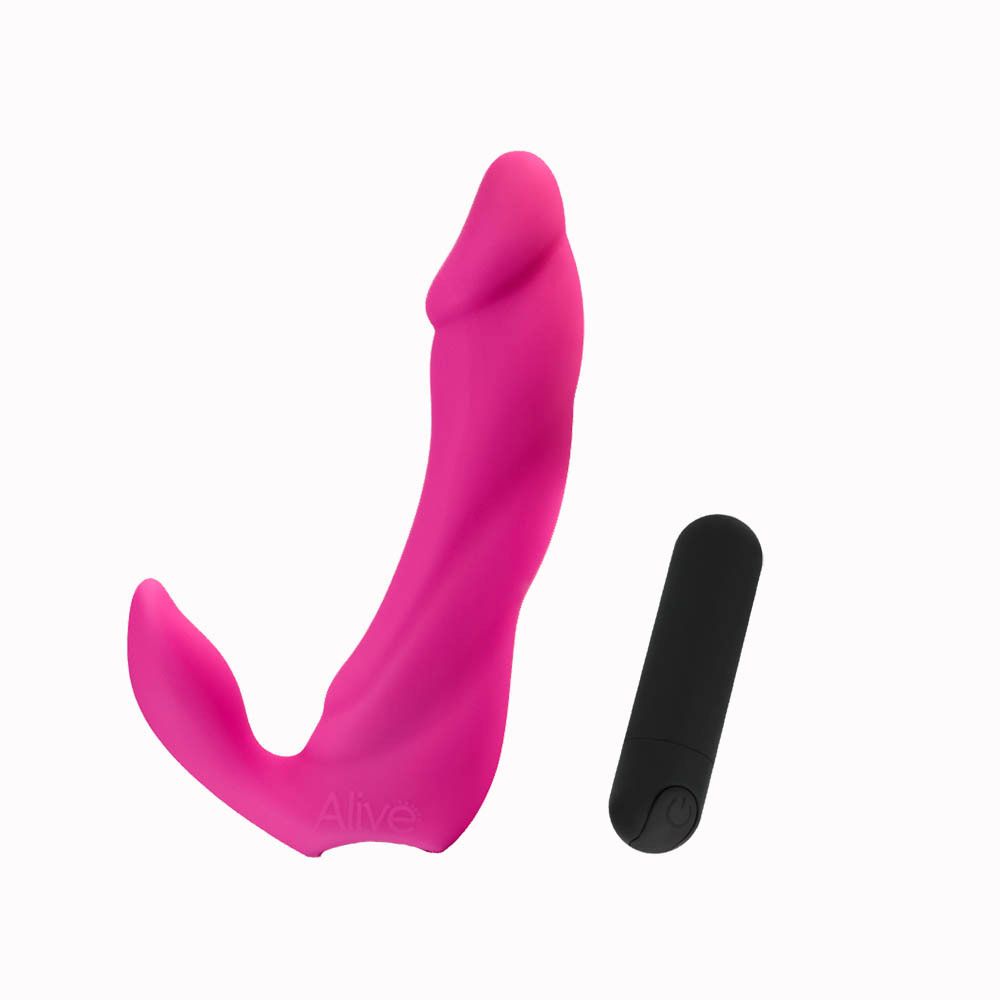 Alive Vibromasseur Rechargeable Bifun Pro et télécommande. Produit rose, télécommande noire.