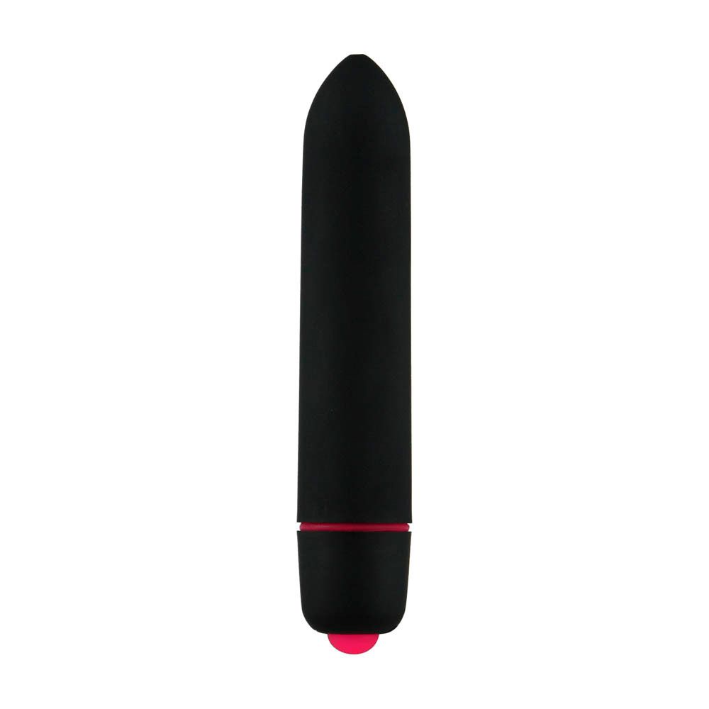 Vibrateur noir avec pointe rouge. Forme cylindrique. Anneau rose à l'extrémité inférieure.