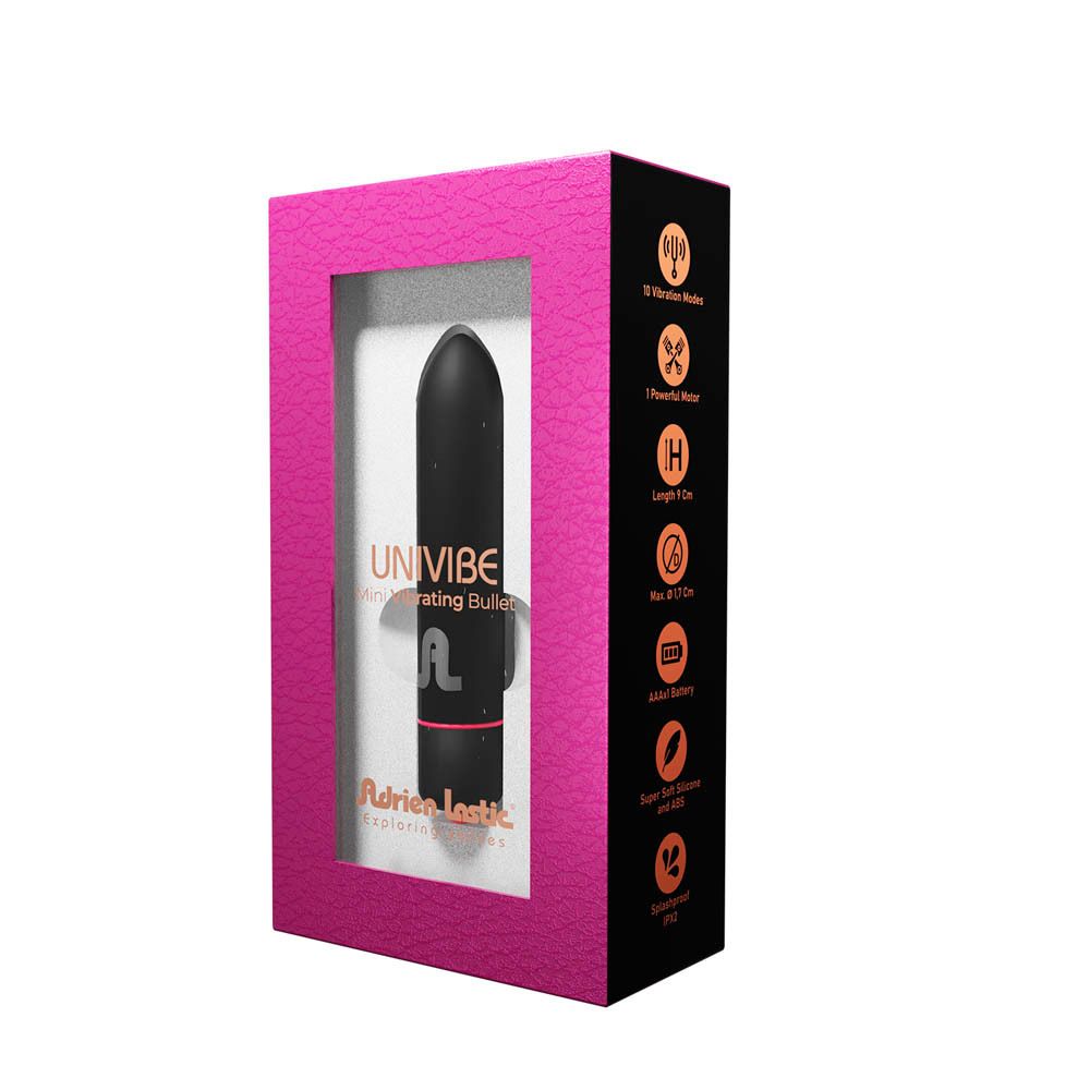 Emballage rose avec cadre noir. Visible : vibrateur, nom du produit, code-barres, QR code. Arrière de l'emballage.