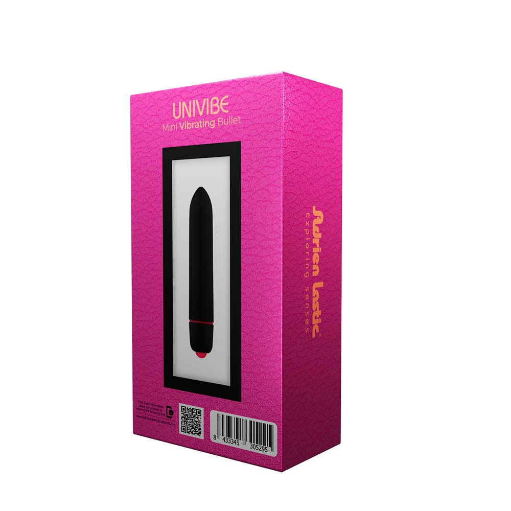 Emballage rose avec cadre noir. Visible : vibrateur, nom du produit, code-barres, QR code. Arrière de l'emballage.