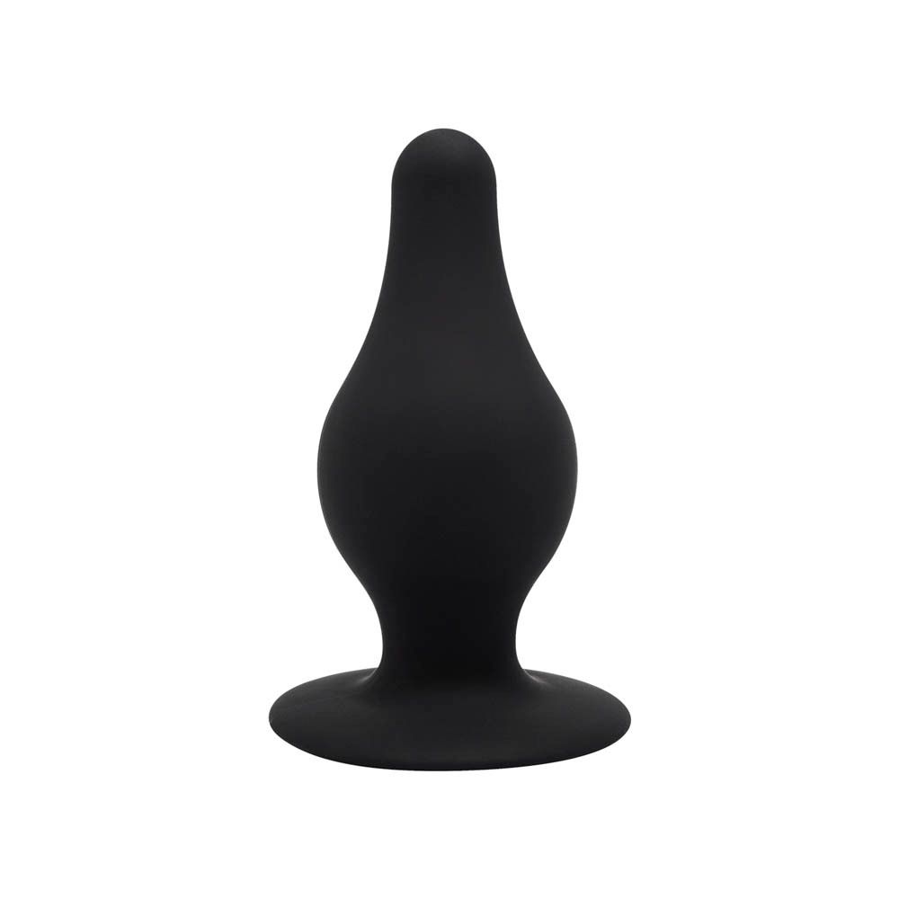 Plug en silicone noir. Forme de goutte avec base large. Surface lisse.