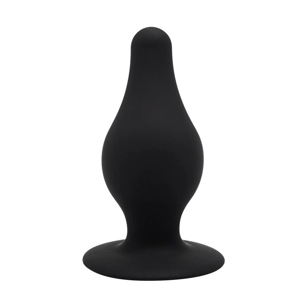 Plug en silicone noir. Forme de goutte avec base large.