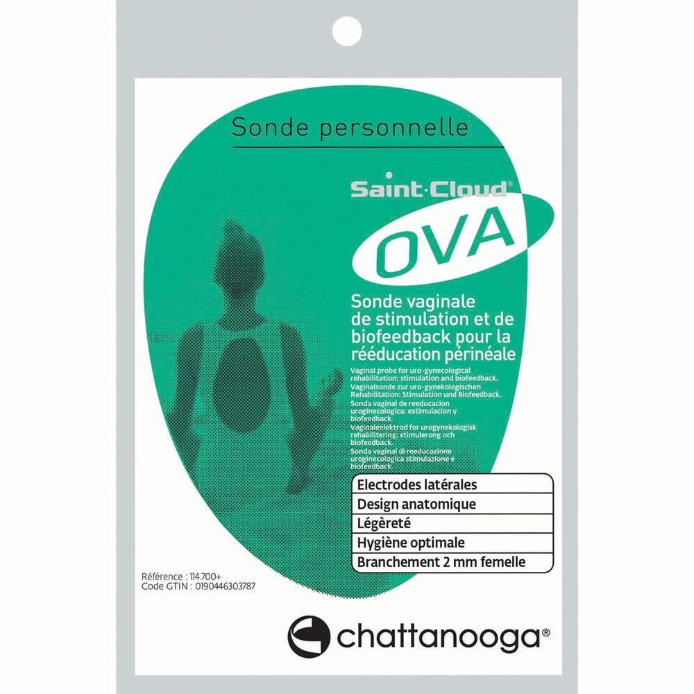 Emballage de la Sonde Vaginale Saint Cloud OVA. Design vert et blanc avec informations et logo.