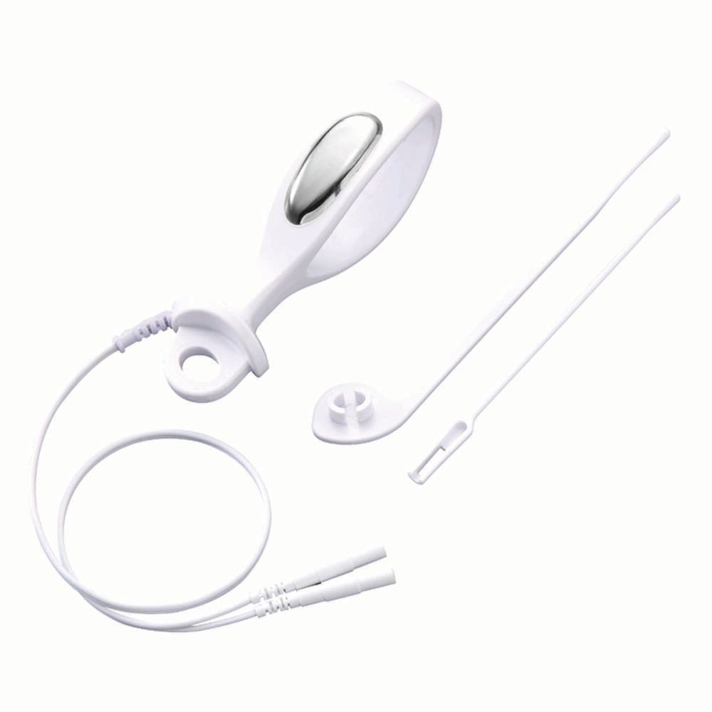 Appareil blanc avec bouton argenté, câbles et accessoires. Pour usage vaginal.