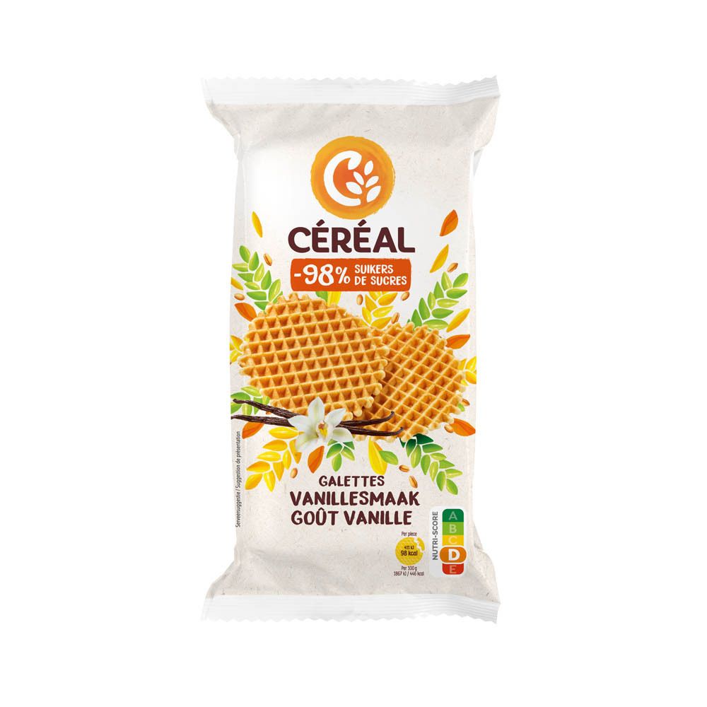 Paquet de gaufrettes. Marque CÉREAL, -98% de sucres. Inscription: Galettes Vanillesmaak Goût Vanille. Visibles: gaufrettes, gousse de vanille, fleur.