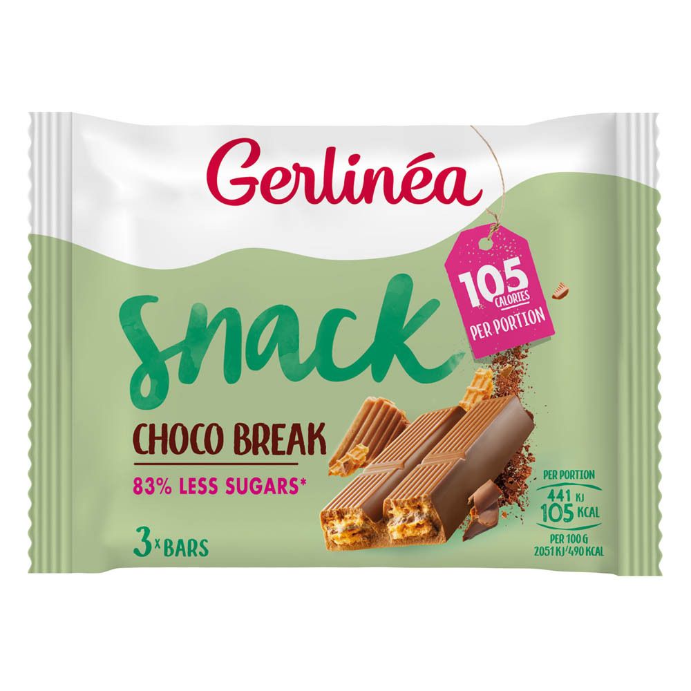 Paquet de Gerlinéa Snack Choco Break. 3 barres, 83% moins de sucres. Étiquette rose avec 105 calories par portion.