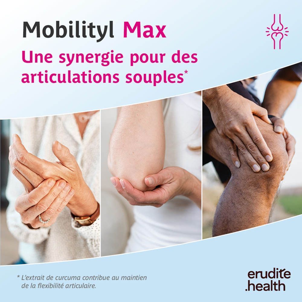 Mobilityl Max : une synergie pour des articulations souples. Montre des mains, des coudes et des genoux.