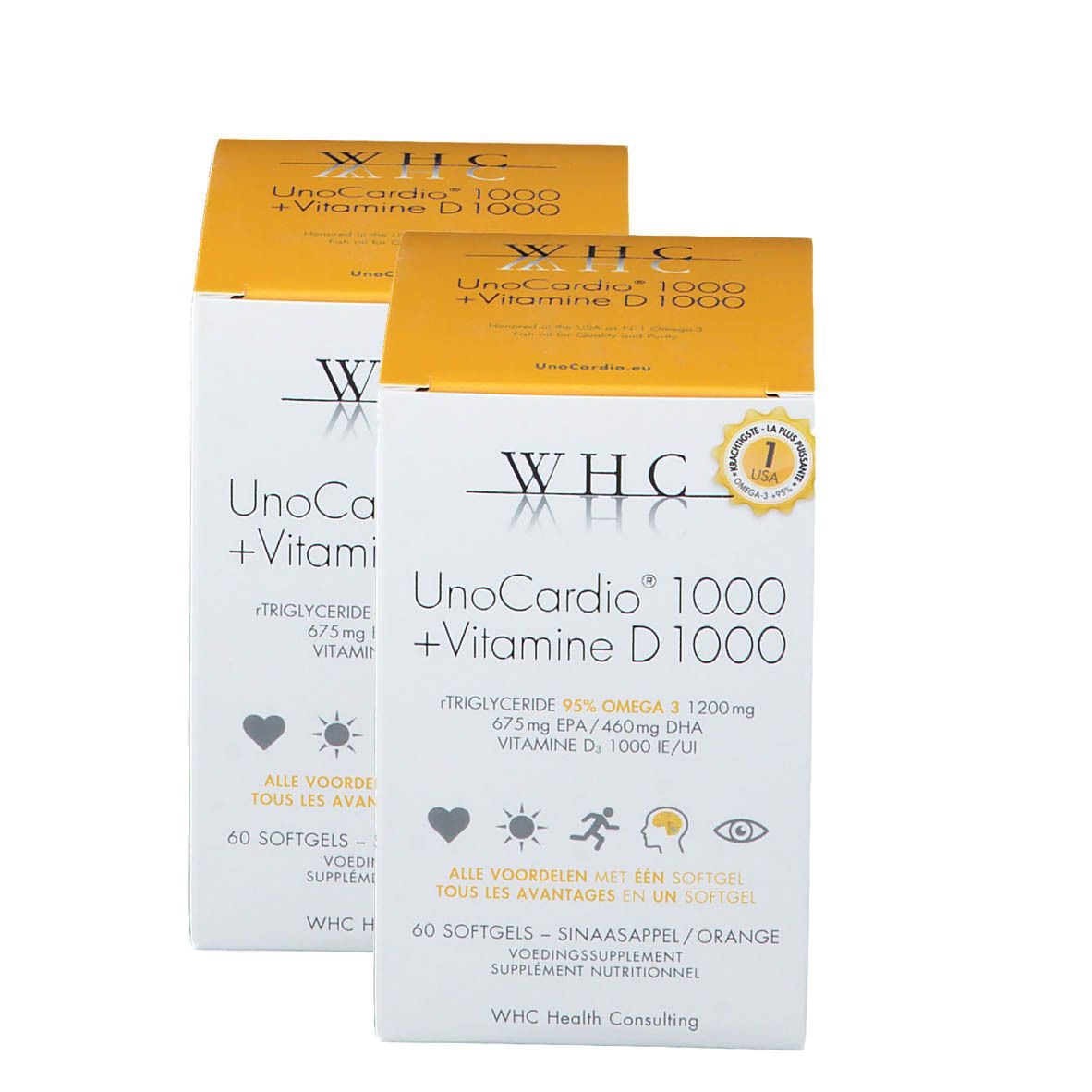 Deux boîtes de WHC UnoCardio 1000 + Vitamine D 1000. Boîtes blanches avec couvercles jaunes. Inscriptions : Omega 3, vitamine D, 60 gélules.