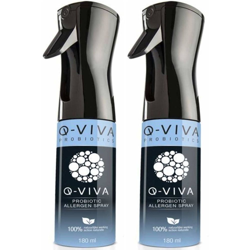 Deux flacons pulvérisateurs noirs avec étiquette bleue. Inscription : Q-VIVA Probiotic Allergen Spray. 180 ml.