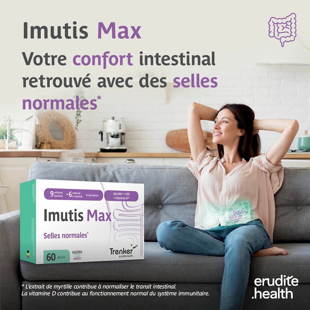 Femme détendue sur un canapé avec une boîte d'Imutis Max. Soutient les selles normales.