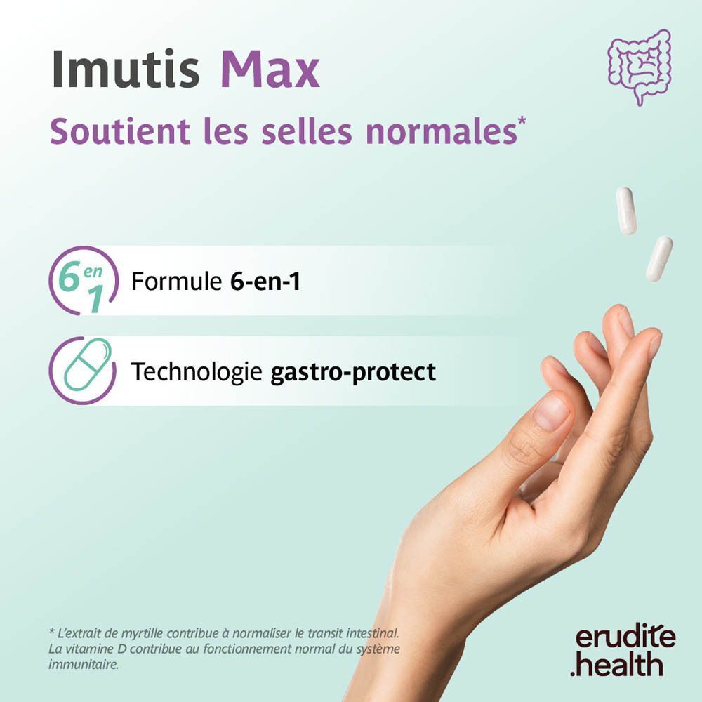 Imutis Max: Formule 6-en-1 et technologie Gastro-Protect pour des selles normales.