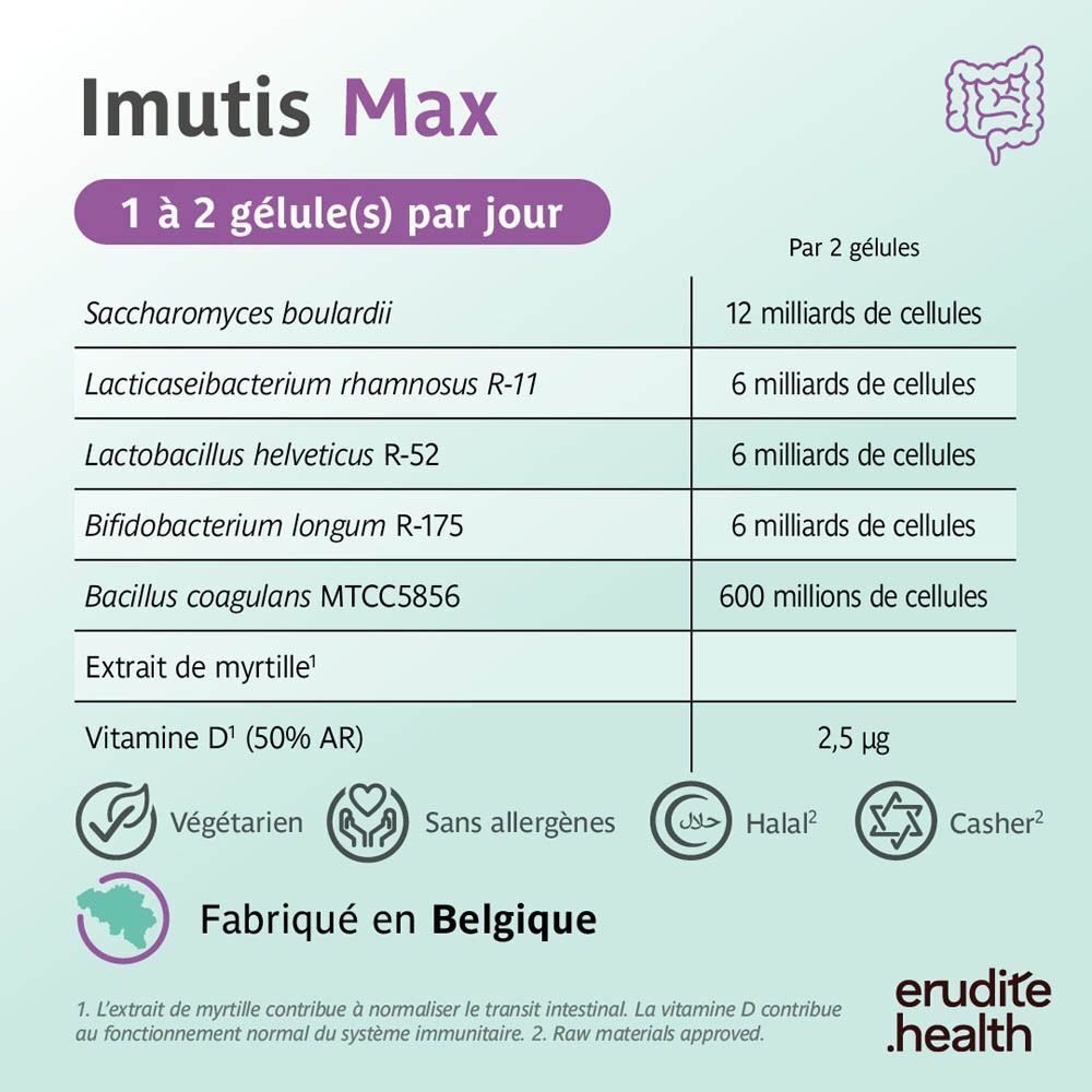 Imutis Max: Composition par 2 gélules. Contient des cultures bactériennes, de l'extrait de myrtille et de la vitamine D.
