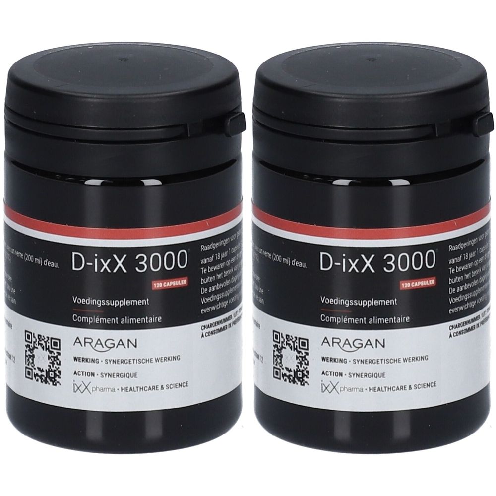Deux flacons noirs avec étiquettes rouges et blanches. Inscription: D-ixX 3000, complément alimentaire, 120 gélules. Marque: ARAGAN.