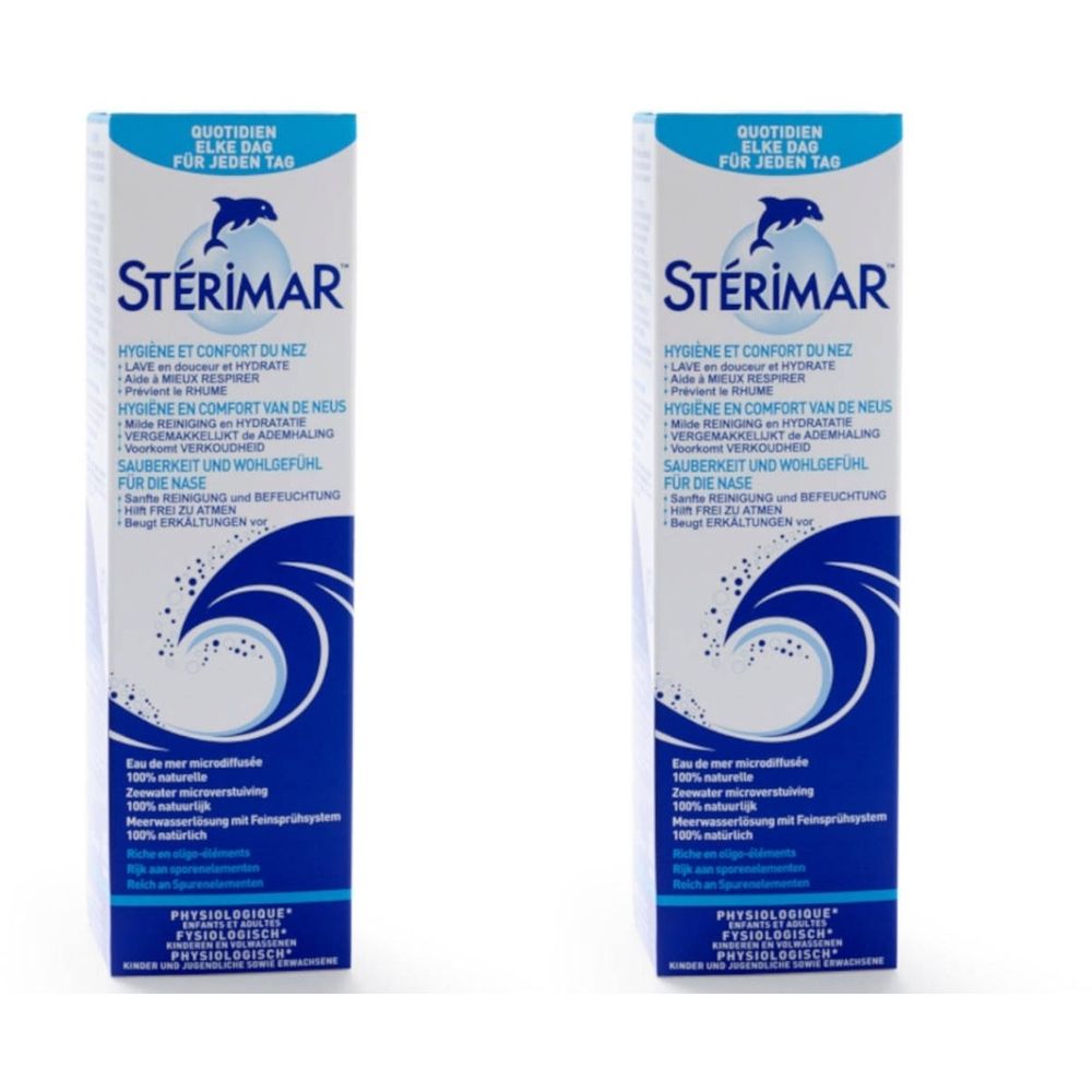 Deux boîtes de produit. Inscription bleue "STERIMAR" avec dauphin. Texte multilingue, motif de vagues.