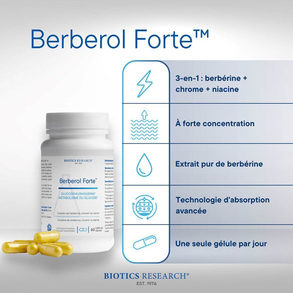 Flacon, gélules et informations nutritionnelles de Berbero Forte Biotics Research.