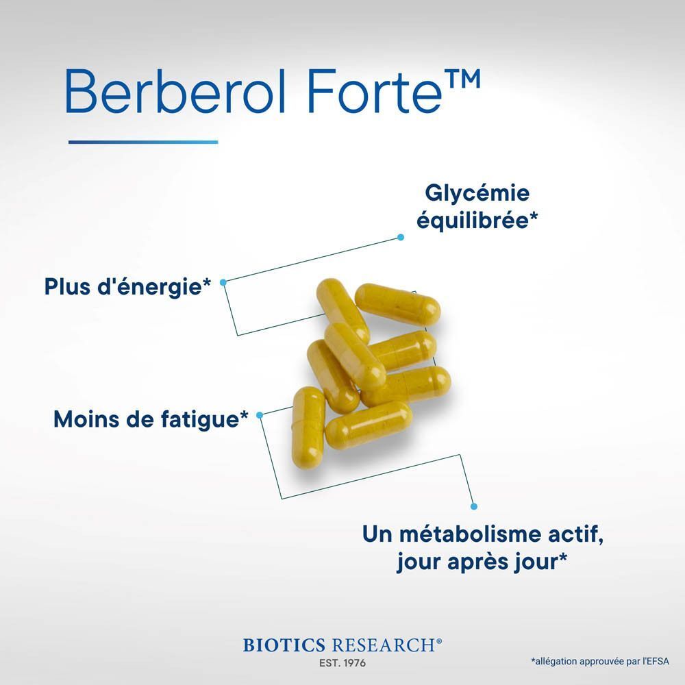 Gélules de Berbero Forte Biotics Research avec tableau nutritionnel.