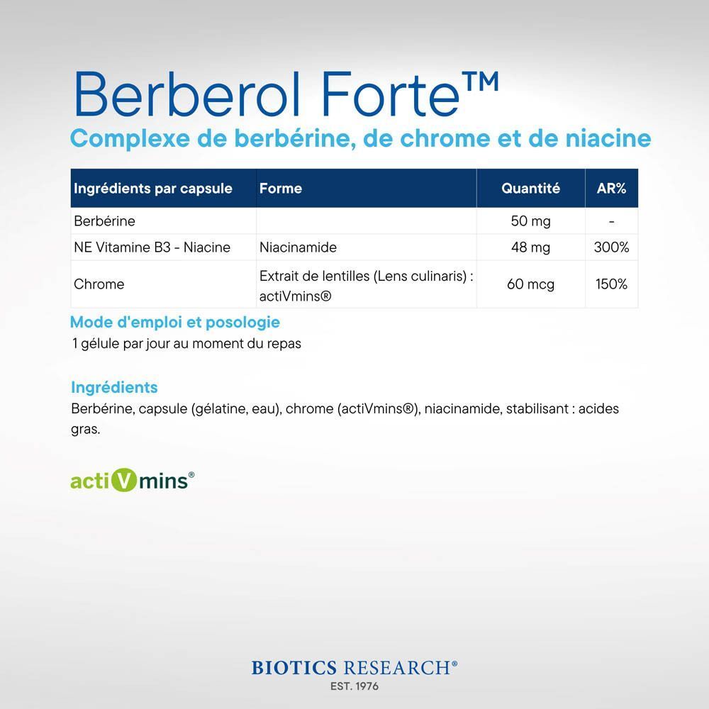 Gélules de Berbero Forte Biotics Research avec explications.
