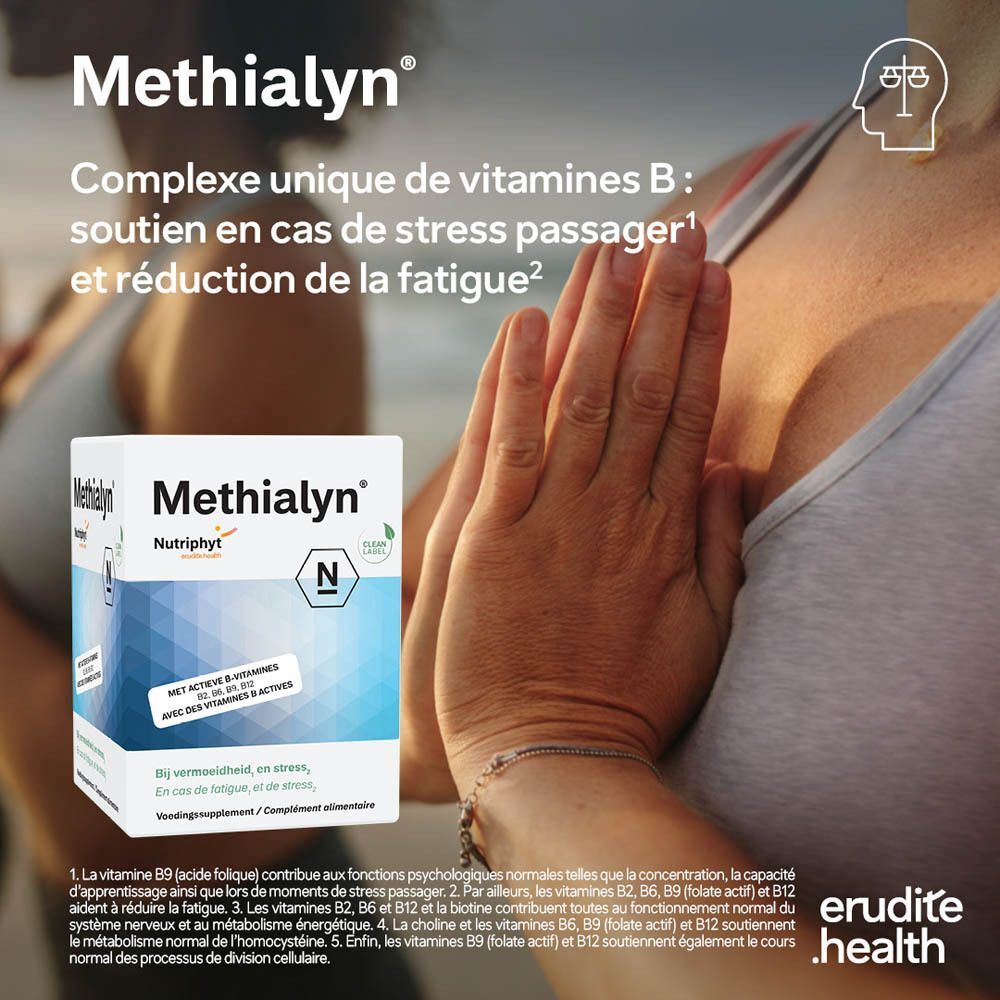 Packshot de Methialyn, un complexe de vitamines, avec représentation des ingrédients.