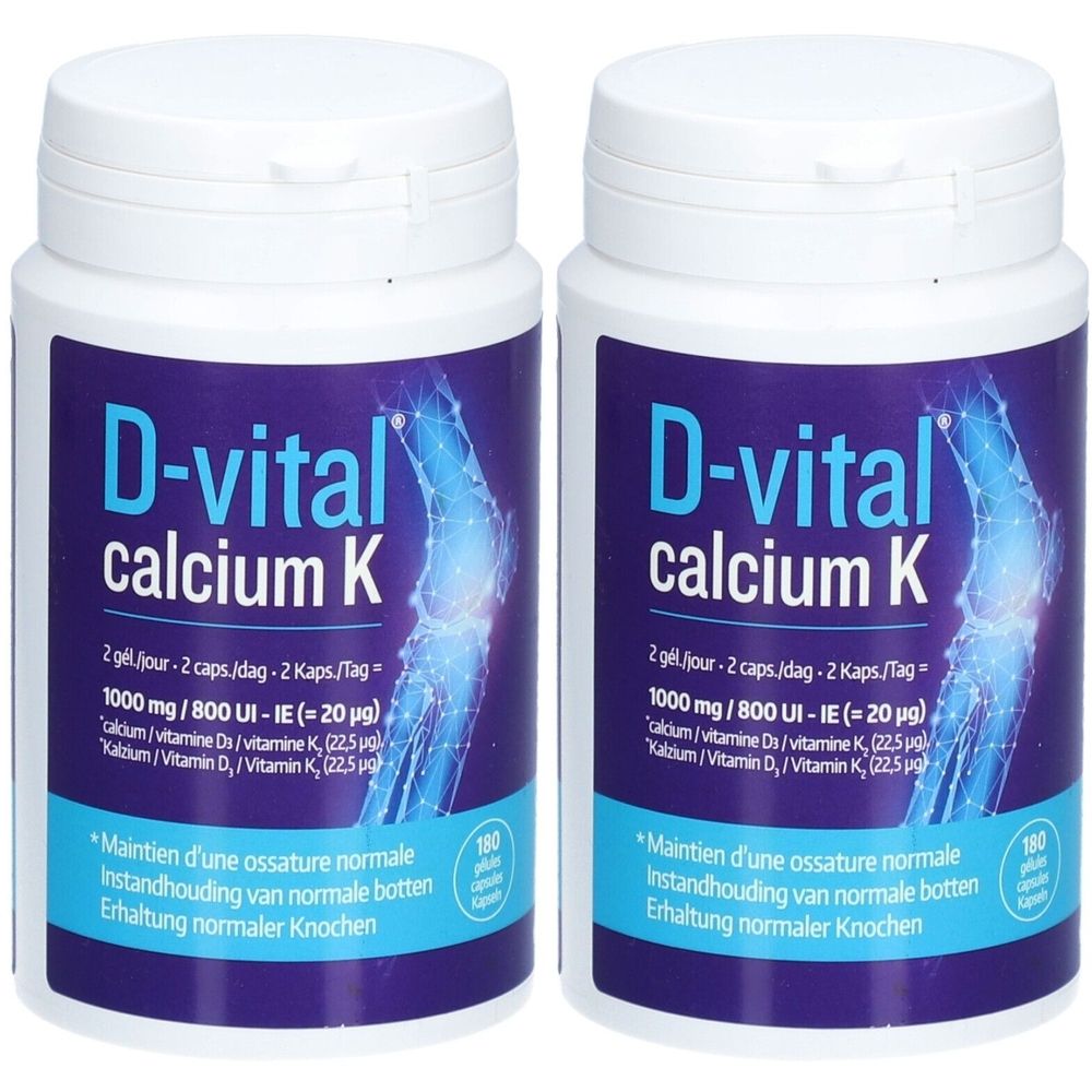Deux flacons blancs avec étiquette violette. Inscription: D-vital calcium K. Contient 180 gélules. Illustration d'os.