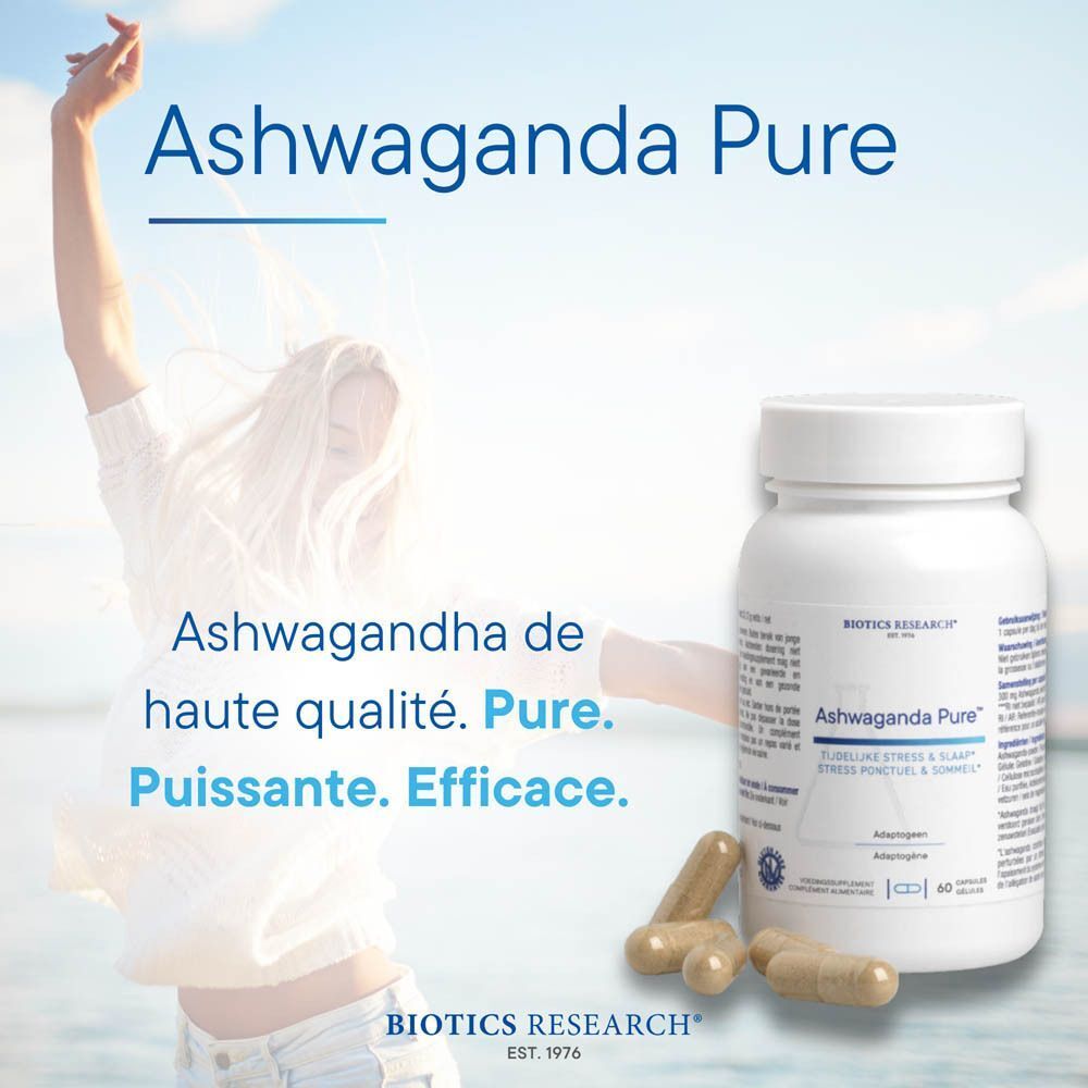 Ashwaganda Pure : flacon et gélules. Haute qualité, pur, puissant, efficace. Biotics Research.