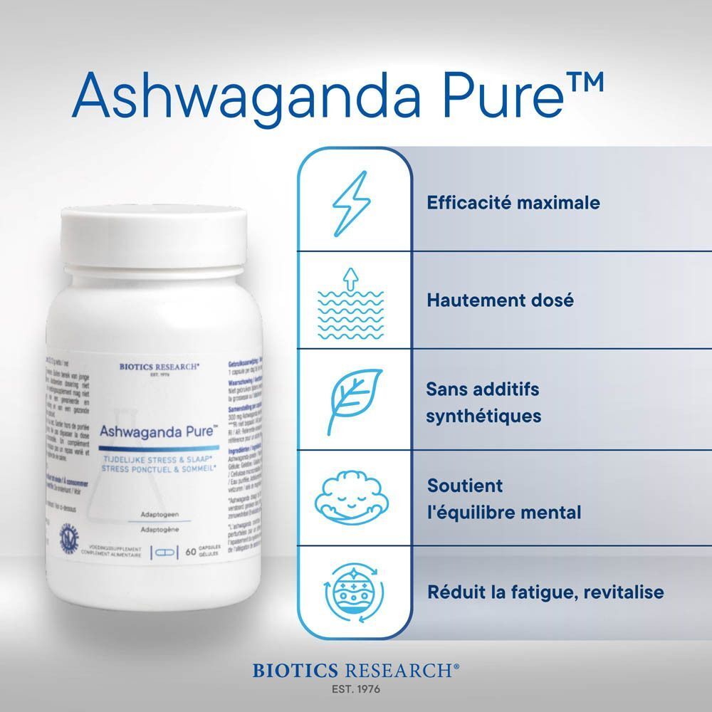 Ashwaganda Pure : flacon et avantages. Efficacité maximale, hautement dosé, sans additifs.