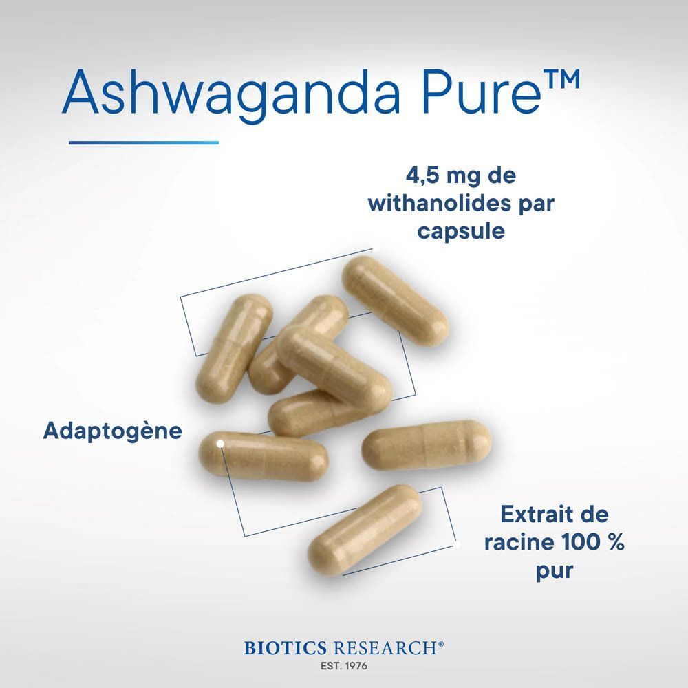 Gélules Ashwaganda Pure. 4,5 mg de withanolides par gélule. Adaptogène. Extrait de racine 100% pur.