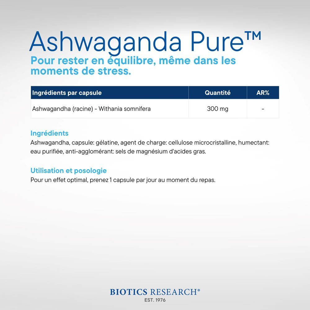 Ashwaganda Pure : ingrédients. 300 mg d'Ashwagandha par gélule. Gélatine, cellulose, eau.