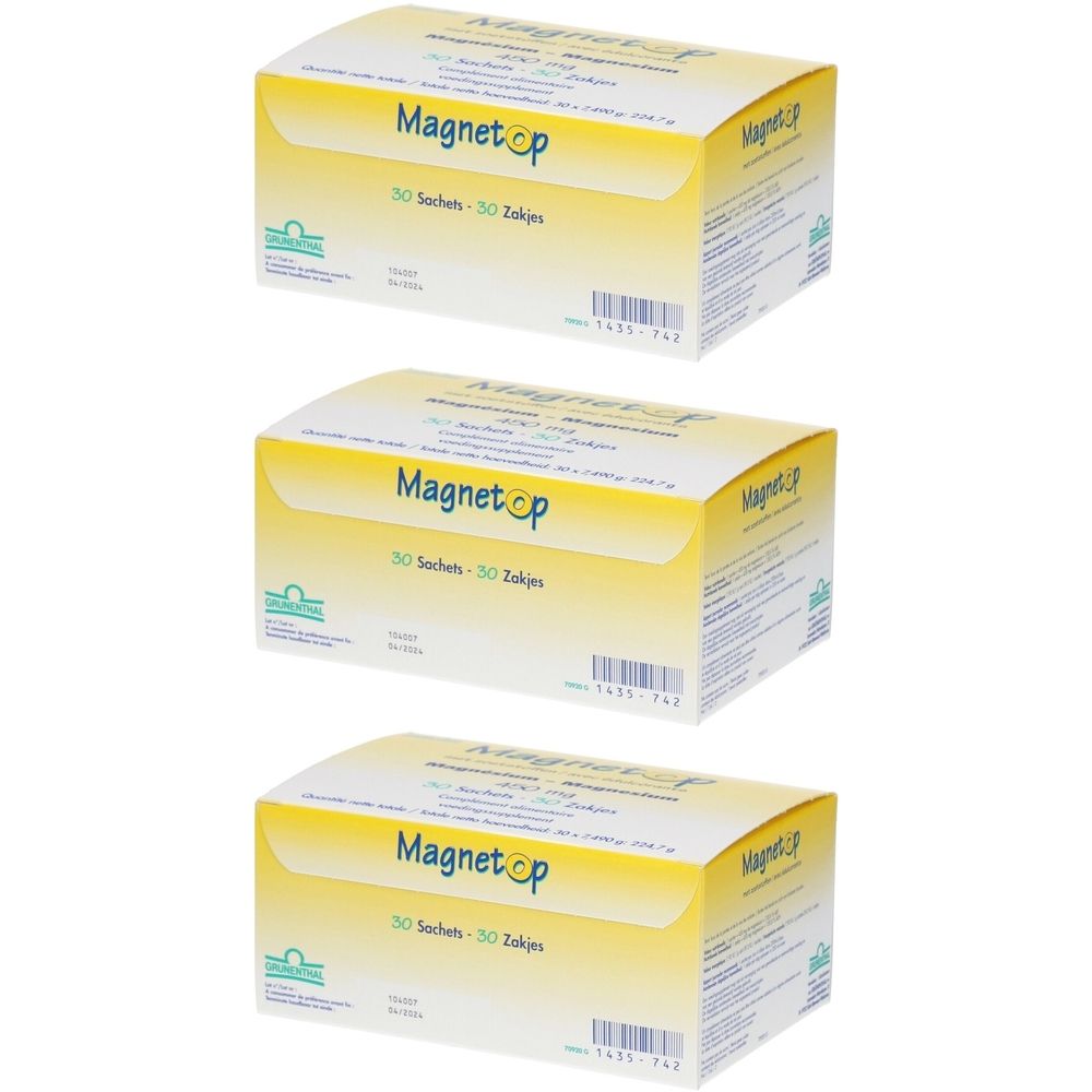 Trois boîtes jaunes avec le nom Magnetop. Chaque boîte contient 30 sachets. Logo vert et blanc.