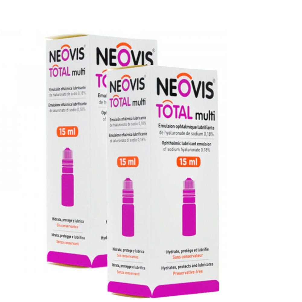 Deux boîtes NEOVIS TOTAL multi. Boîtes blanches avec accents roses et image du produit. 15 ml.