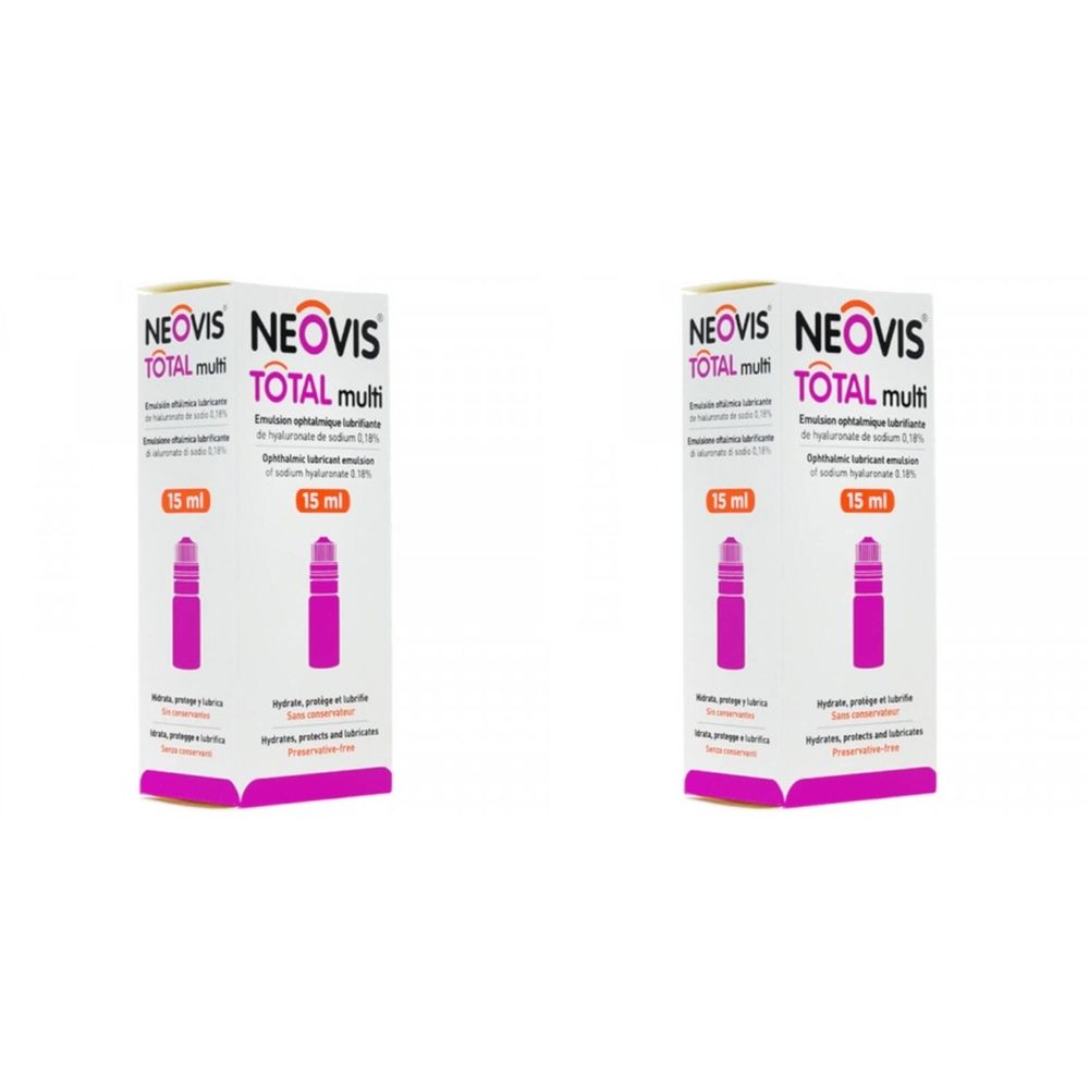 Deux boîtes NEOVIS TOTAL multi. Boîtes blanches avec accents roses et image du produit. 15 ml.