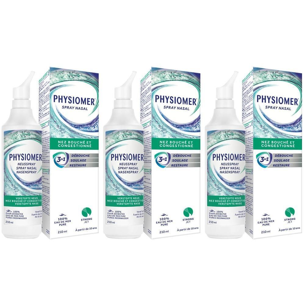 Trois flacons de spray nasal PHYSIOMER® Strong Jet avec emballage.