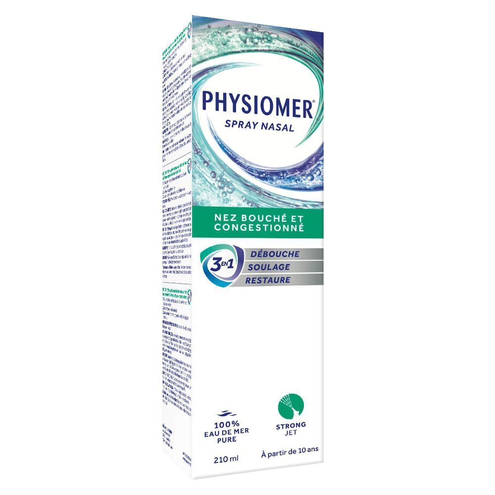 Un flacon de spray nasal PHYSIOMER® Strong Jet et son emballage.