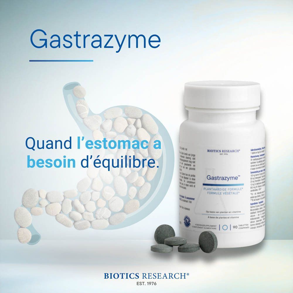Biotics Gastrazyme : flacon et illustration d'estomac. "Quand l'estomac a besoin d'équilibre."