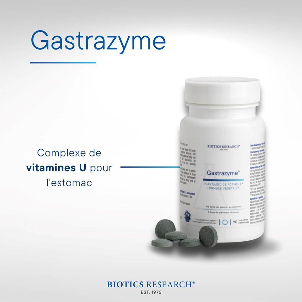 Biotics Gastrazyme : flacon avec "Complexe de vitamines U pour l'estomac".