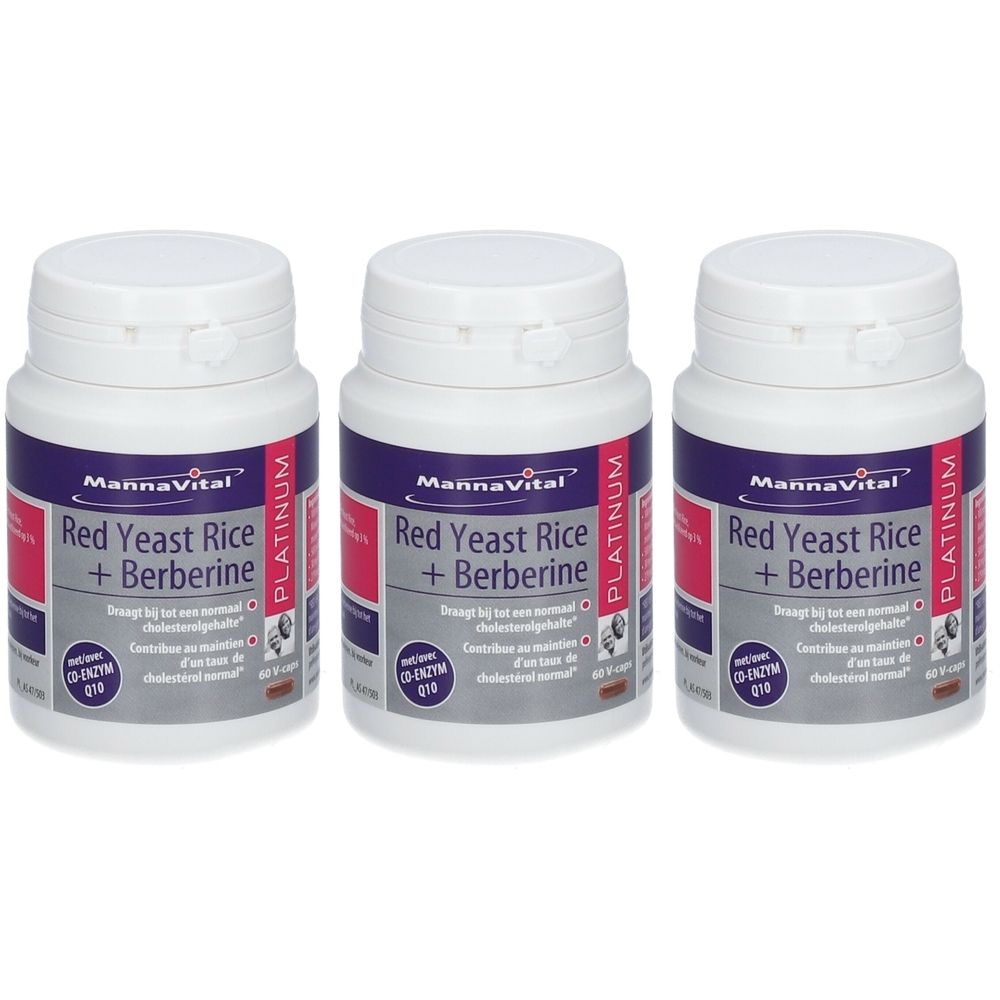 Trois flacons de Mannavital Red Yeast Rice + Berberine Platinum. Récipients blancs avec étiquette violette et accent rouge.