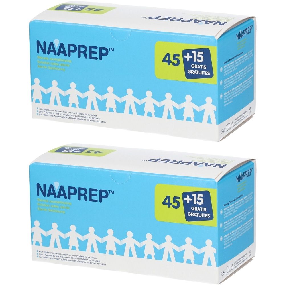 Deux boîtes bleues NAAPREP. Inscription 45 + 15 GRATUITES. Rangée de silhouettes humaines en bas.